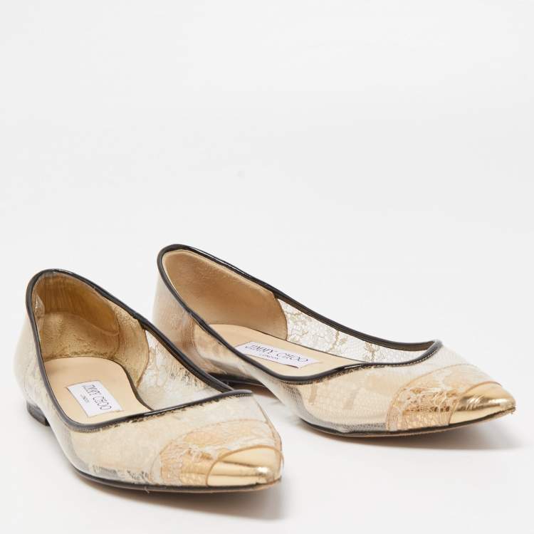 Pre Owned Jimmy Choo Gold/Black Leather, Lace and PVC Romy Ballet Flats Size 38.5