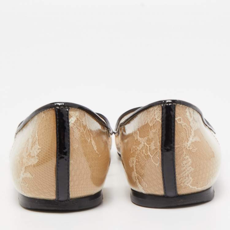 Pre Owned Jimmy Choo Gold/Black Leather, Lace and PVC Romy Ballet Flats Size 38.5
