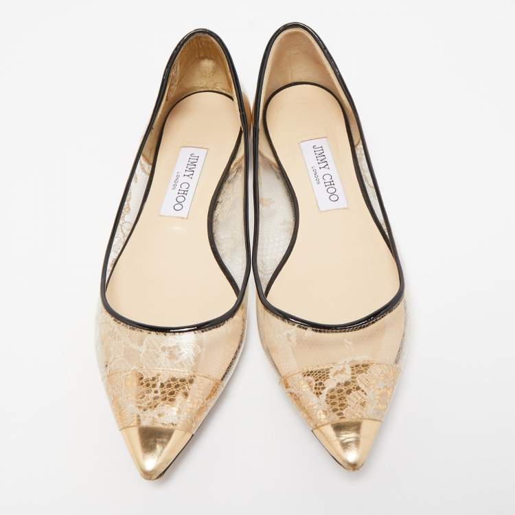 Pre Owned Jimmy Choo Gold/Black Leather, Lace and PVC Romy Ballet Flats Size 38.5