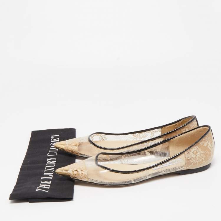Pre Owned Jimmy Choo Gold/Black Leather, Lace and PVC Romy Ballet Flats Size 38.5