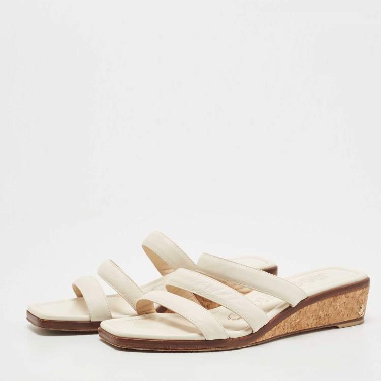 Pre Owned Jimmy Choo Cream Leather Cork Wedge Slides Size 38 