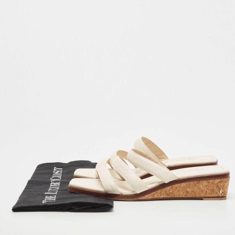 Pre Owned Jimmy Choo Cream Leather Cork Wedge Slides Size 38 