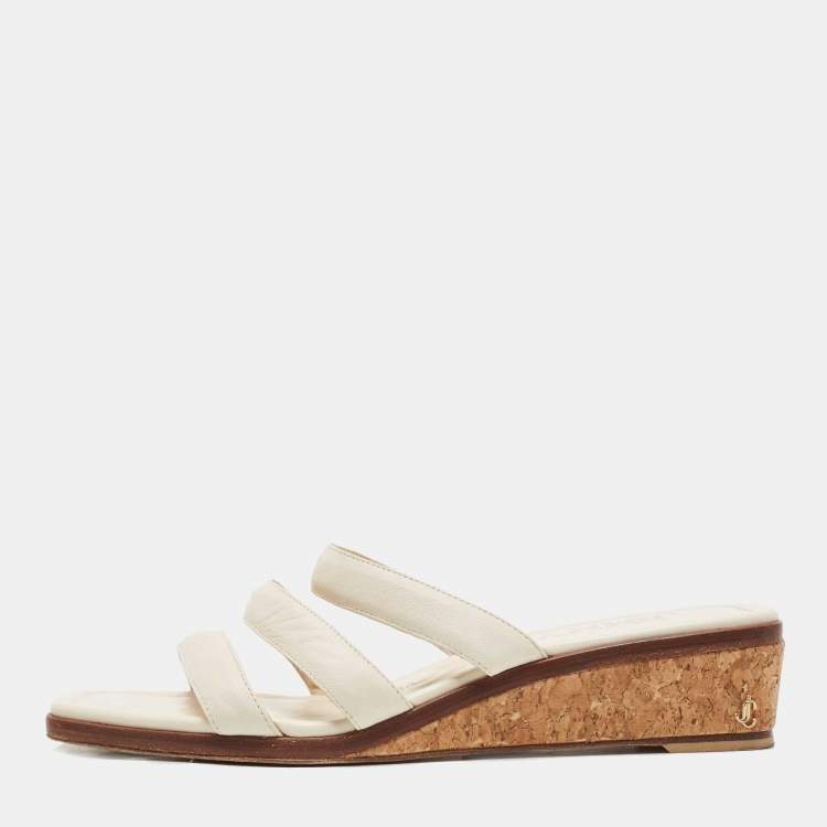 Pre Owned Jimmy Choo Cream Leather Cork Wedge Slides Size 38 