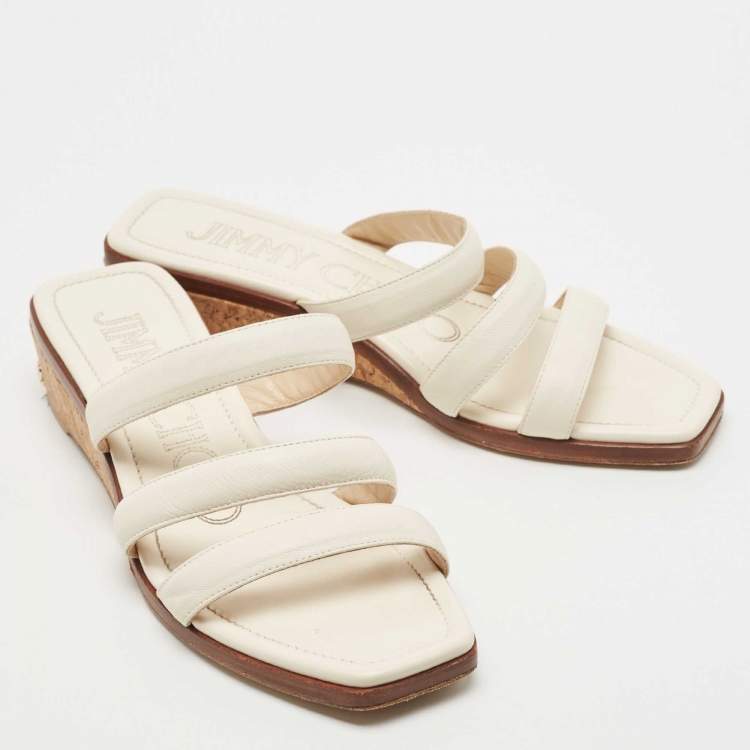 Pre Owned Jimmy Choo Cream Leather Cork Wedge Slides Size 38 