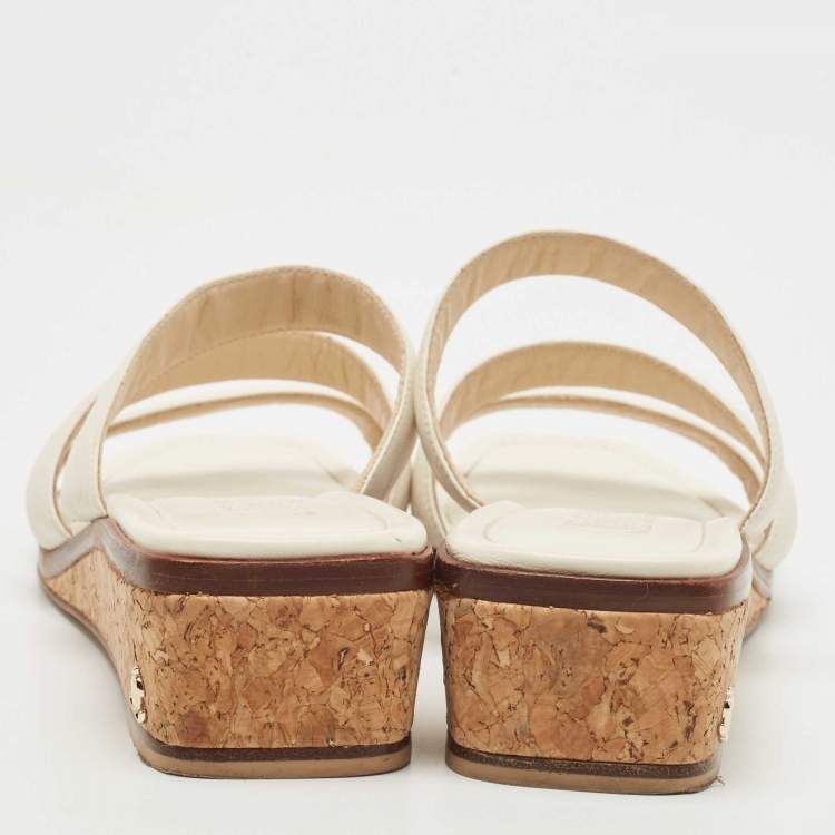 Pre Owned Jimmy Choo Cream Leather Cork Wedge Slides Size 38 