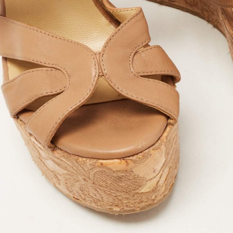 Pre Owned Jimmy Choo Brown Leather Parrow Cork Lace Wedge Sandals Size 40
