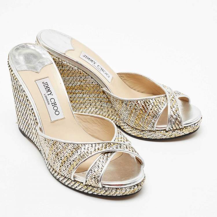 Pre Owned Jimmy Choo Metallic Woven Raffia Almer Wedge Sandals Size 40