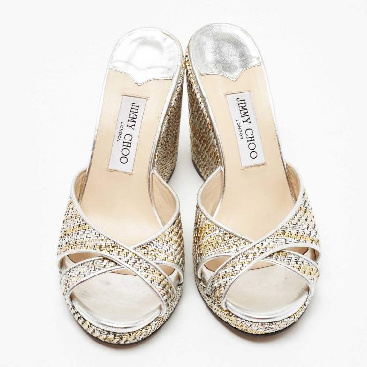 Pre Owned Jimmy Choo Metallic Woven Raffia Almer Wedge Sandals Size 40