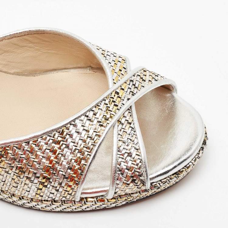 Pre Owned Jimmy Choo Metallic Woven Raffia Almer Wedge Sandals Size 40