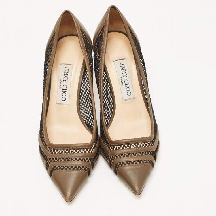 Pre Owned Jimmy Choo Olive Green Leather and Mesh Pointed Toe Pumps Size 37