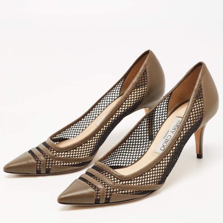 Pre Owned Jimmy Choo Olive Green Leather and Mesh Pointed Toe Pumps Size 37