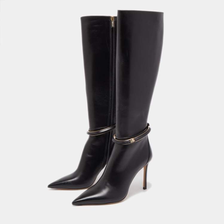Pre Owned Jimmy Choo Black Leather Dreece Kb 95 Knee Length Boots Size 38.5