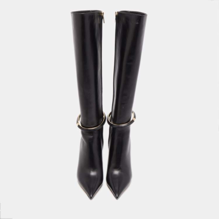 Pre Owned Jimmy Choo Black Leather Dreece Kb 95 Knee Length Boots Size 38.5