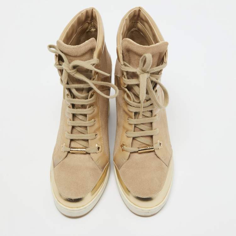 Pre Owned Jimmy Choo Beige Suede and Leather Panama Wedge Sneakers Size 39