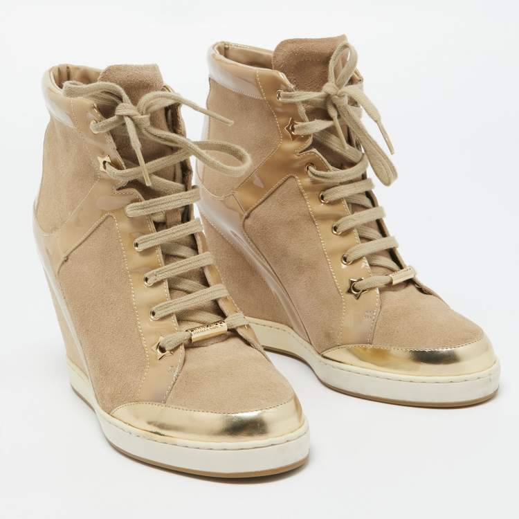 Pre Owned Jimmy Choo Beige Suede and Leather Panama Wedge Sneakers Size 39