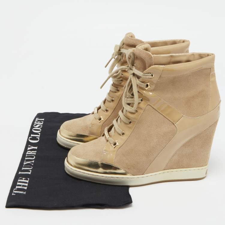 Pre Owned Jimmy Choo Beige Suede and Leather Panama Wedge Sneakers Size 39