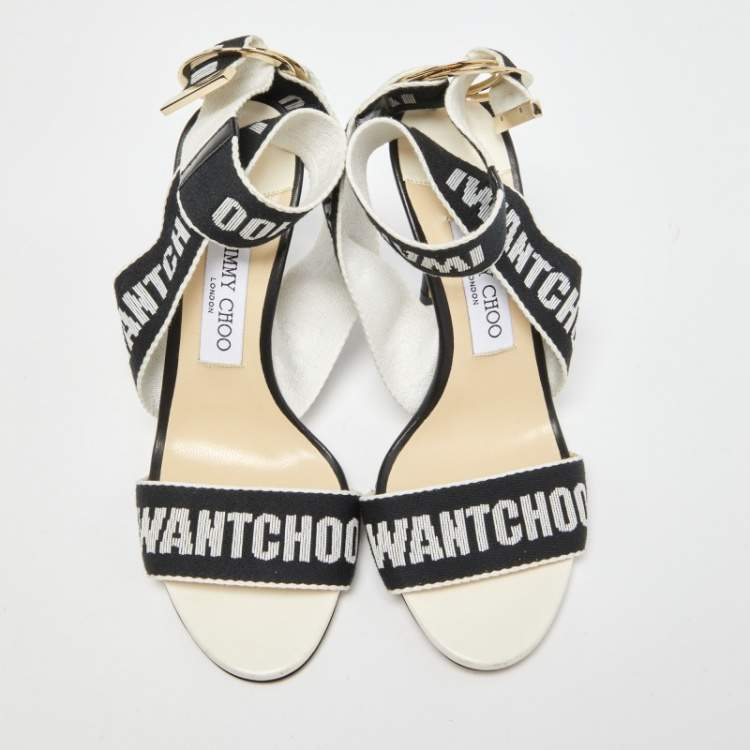 Pre Owned Jimmy Choo Black/White Canvas and Leather Bailey Sandals Size 38