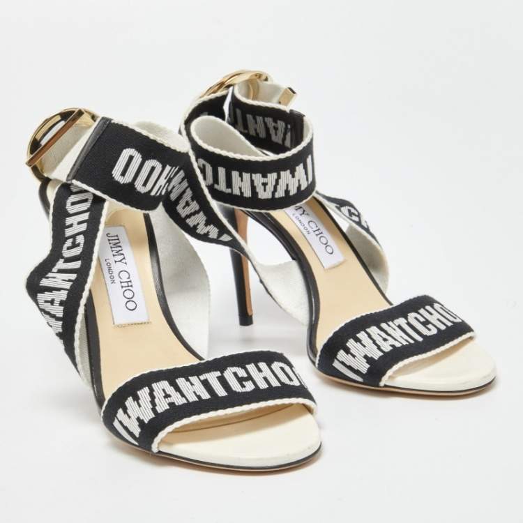 Pre Owned Jimmy Choo Black/White Canvas and Leather Bailey Sandals Size 38