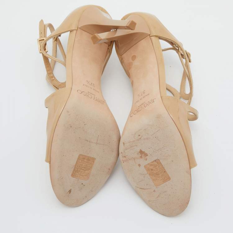 Pre Owned Jimmy Choo Beige Patent Leather Lang Sandals Size 37.5