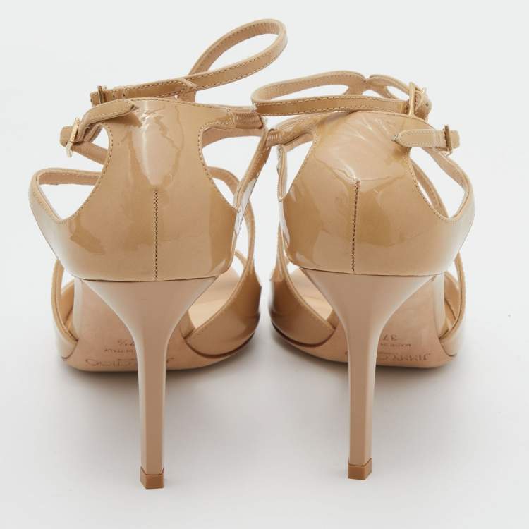Pre Owned Jimmy Choo Beige Patent Leather Lang Sandals Size 37.5