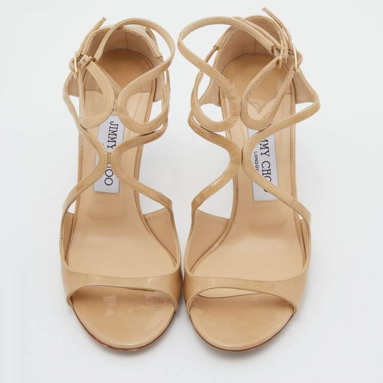 Pre Owned Jimmy Choo Beige Patent Leather Lang Sandals Size 37.5