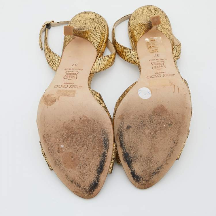Pre Owned Jimmy Choo Gold Laminated Suede Slingback Sandals Size 37