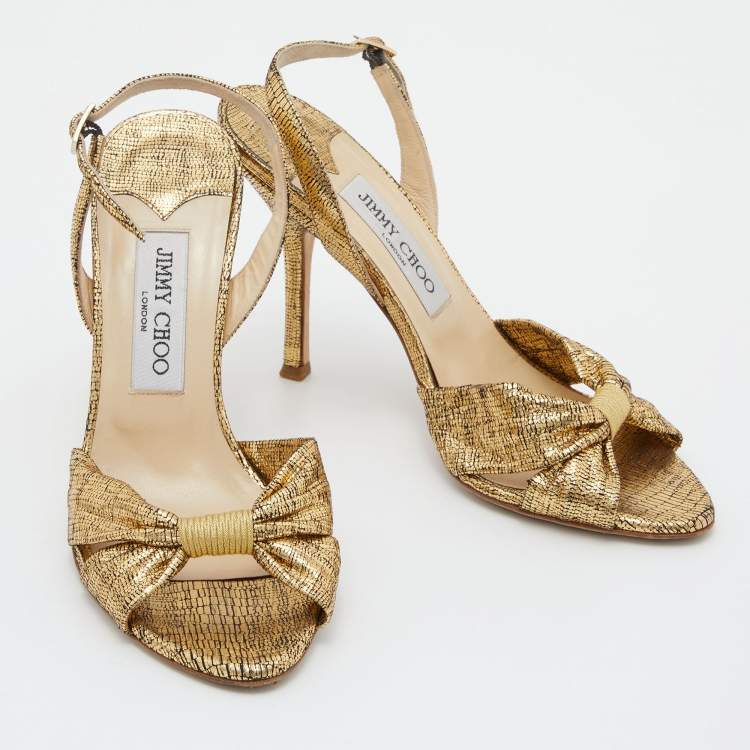 Pre Owned Jimmy Choo Gold Laminated Suede Slingback Sandals Size 37