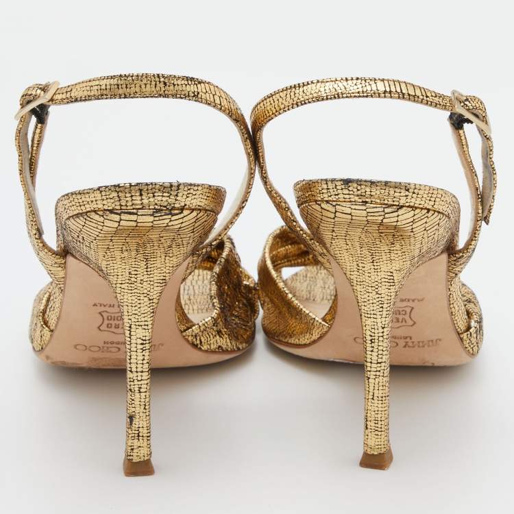 Pre Owned Jimmy Choo Gold Laminated Suede Slingback Sandals Size 37