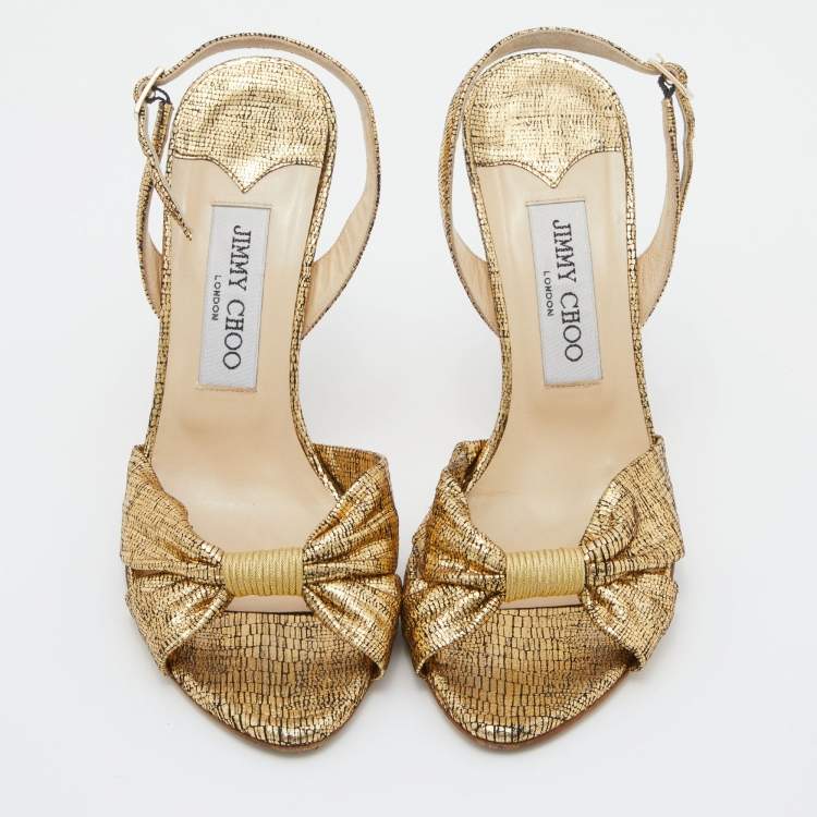 Pre Owned Jimmy Choo Gold Laminated Suede Slingback Sandals Size 37