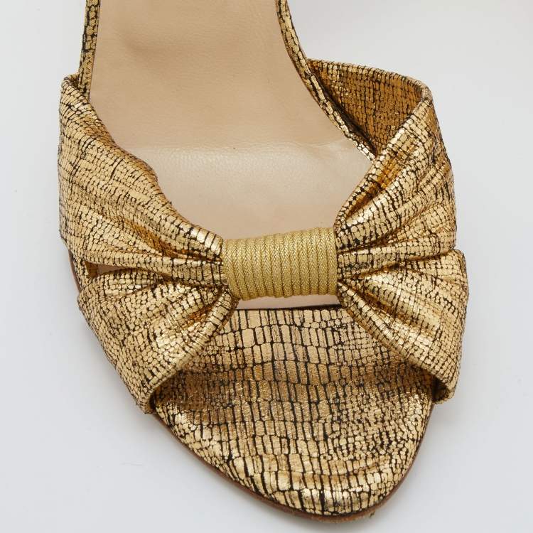 Pre Owned Jimmy Choo Gold Laminated Suede Slingback Sandals Size 37
