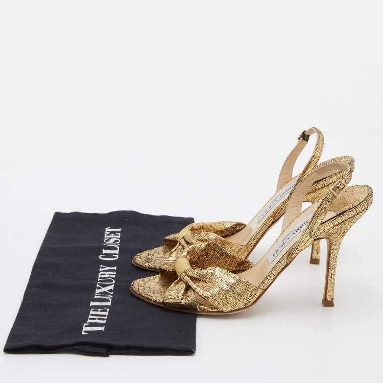 Pre Owned Jimmy Choo Gold Laminated Suede Slingback Sandals Size 37