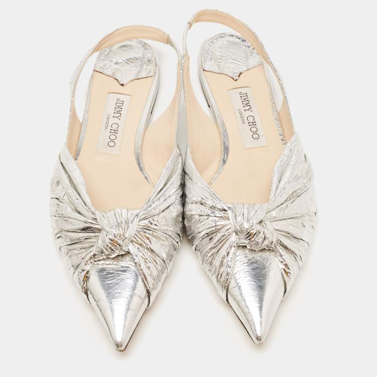 Pre Owned Jimmy Choo Silver Foil Leather Blare Knotted Slingback Flat Sandals Size 39