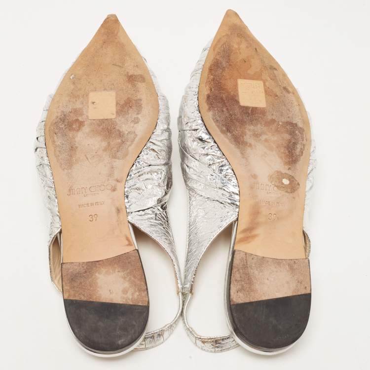 Pre Owned Jimmy Choo Silver Foil Leather Blare Knotted Slingback Flat Sandals Size 39