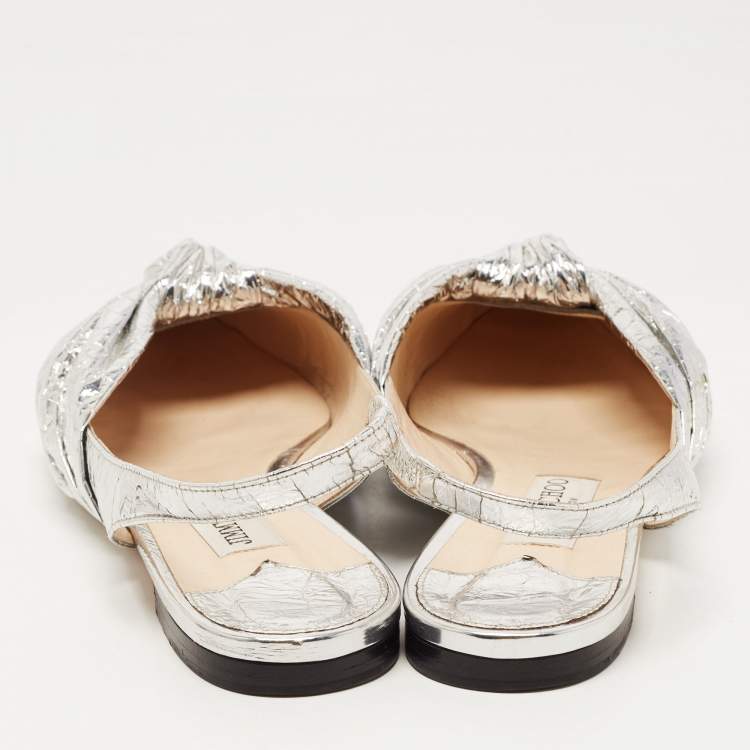 Pre Owned Jimmy Choo Silver Foil Leather Blare Knotted Slingback Flat Sandals Size 39