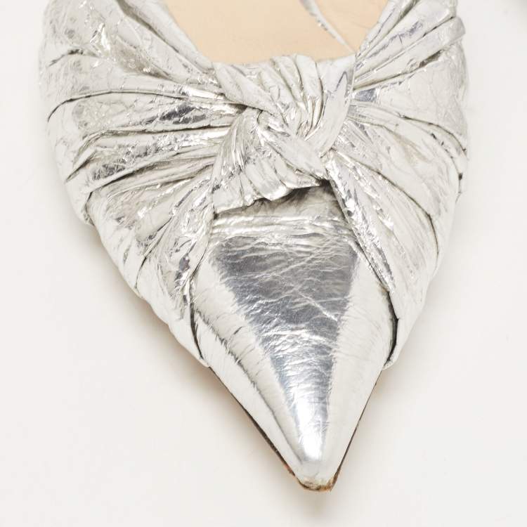Pre Owned Jimmy Choo Silver Foil Leather Blare Knotted Slingback Flat Sandals Size 39