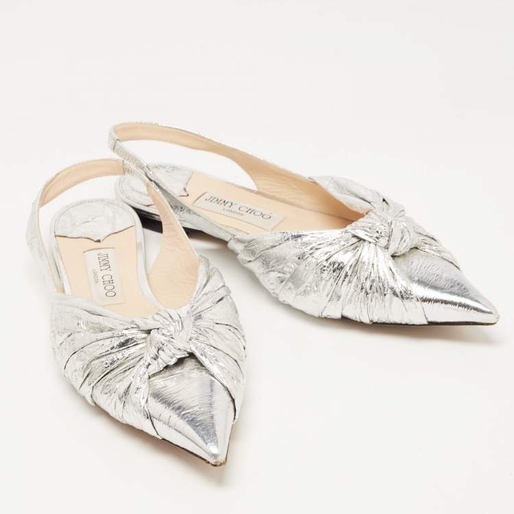 Pre Owned Jimmy Choo Silver Foil Leather Blare Knotted Slingback Flat Sandals Size 39