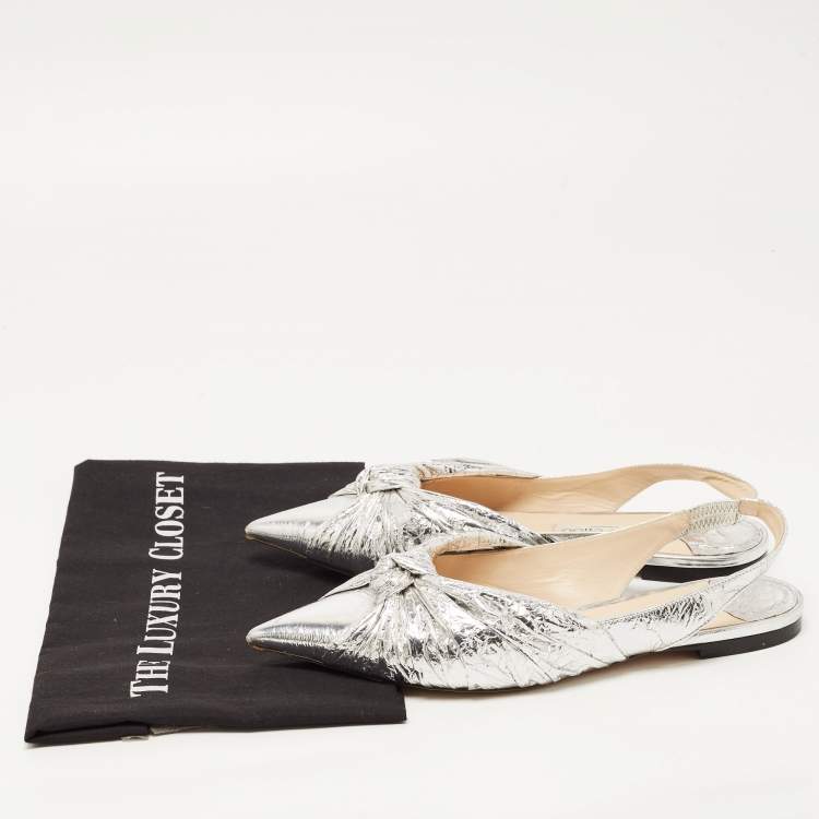 Pre Owned Jimmy Choo Silver Foil Leather Blare Knotted Slingback Flat Sandals Size 39