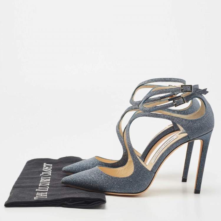 Pre Owned Jimmy Choo Dark Grey Glitter Lancer Strappy Sandals Size 38.5