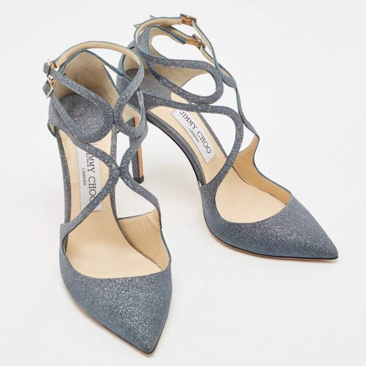 Pre Owned Jimmy Choo Dark Grey Glitter Lancer Strappy Sandals Size 38.5