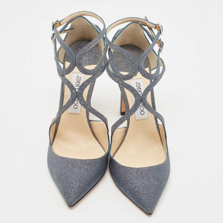 Pre Owned Jimmy Choo Dark Grey Glitter Lancer Strappy Sandals Size 38.5