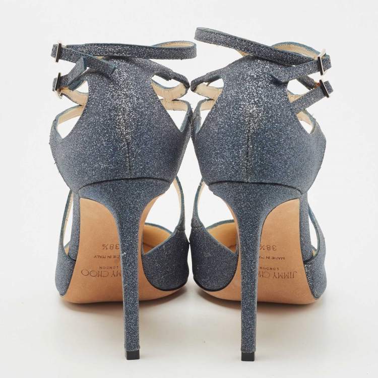 Pre Owned Jimmy Choo Dark Grey Glitter Lancer Strappy Sandals Size 38.5