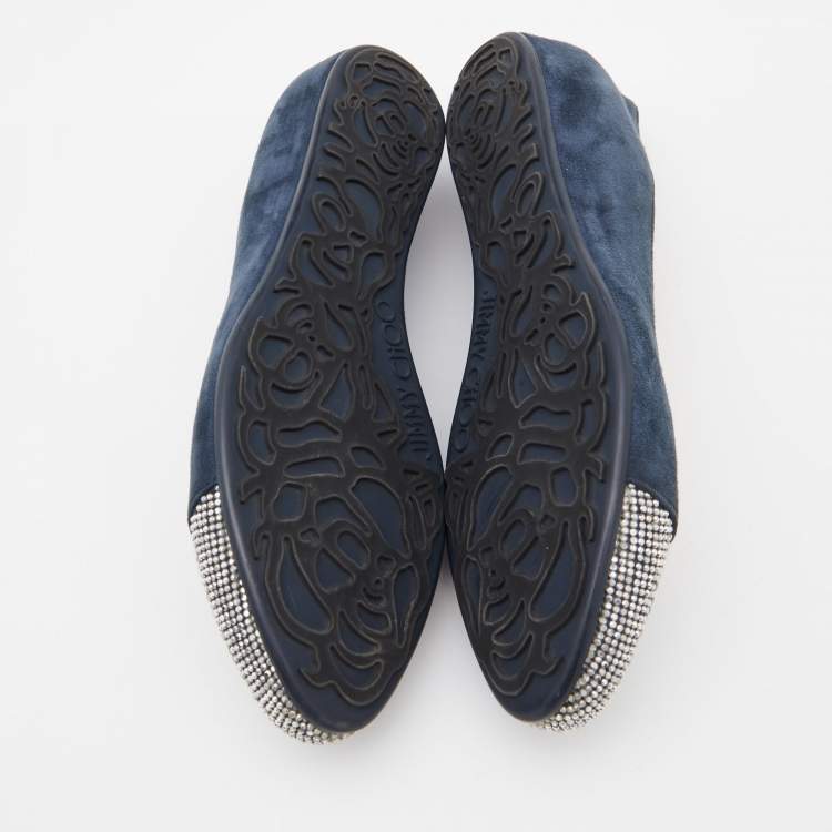 Pre Owned Jimmy Choo Blue Suede Crystals Embellished Ballet Flats Size 36