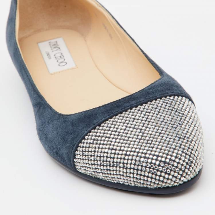 Pre Owned Jimmy Choo Blue Suede Crystals Embellished Ballet Flats Size 36