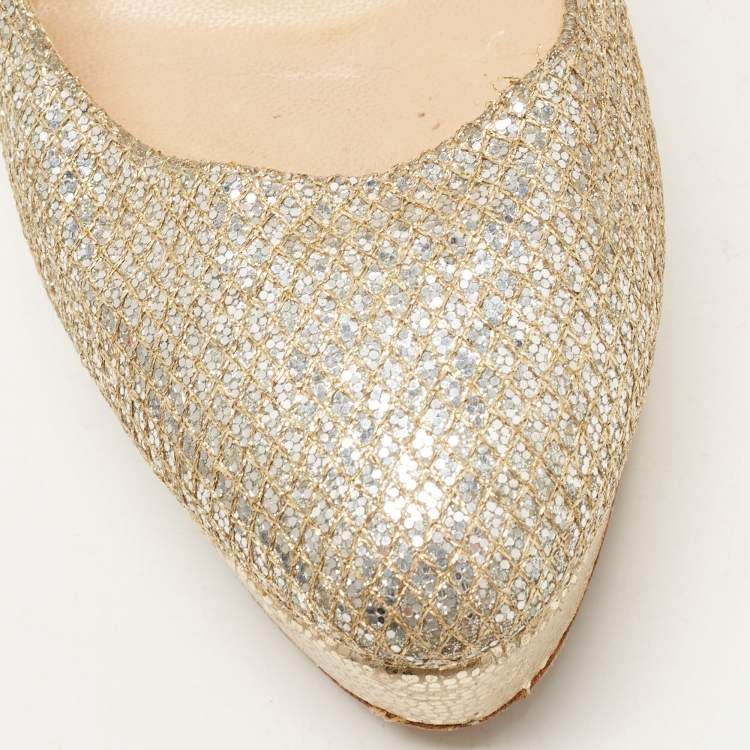 Pre Owned Jimmy Choo Silver/Gold Lurex Fabric Alex Platform Pumps Size 39