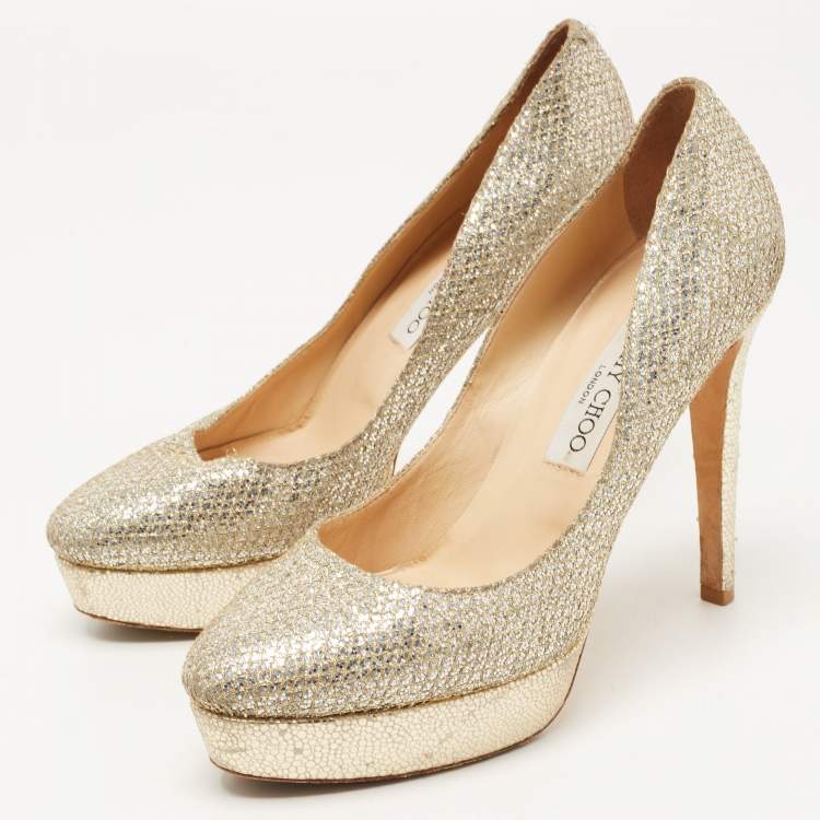 Pre Owned Jimmy Choo Silver/Gold Lurex Fabric Alex Platform Pumps Size 39