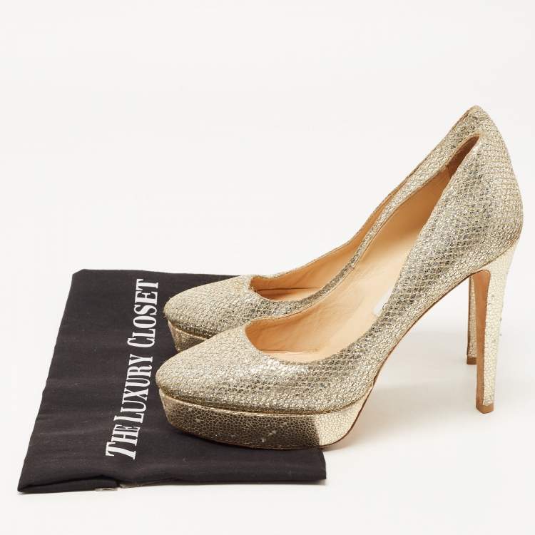 Pre Owned Jimmy Choo Silver/Gold Lurex Fabric Alex Platform Pumps Size 39