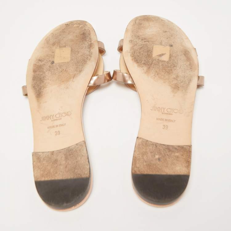Pre Owned Jimmy Choo Metallic Foil Leather Flat Slides Size 39