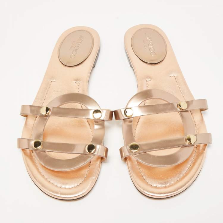 Pre Owned Jimmy Choo Metallic Foil Leather Flat Slides Size 39
