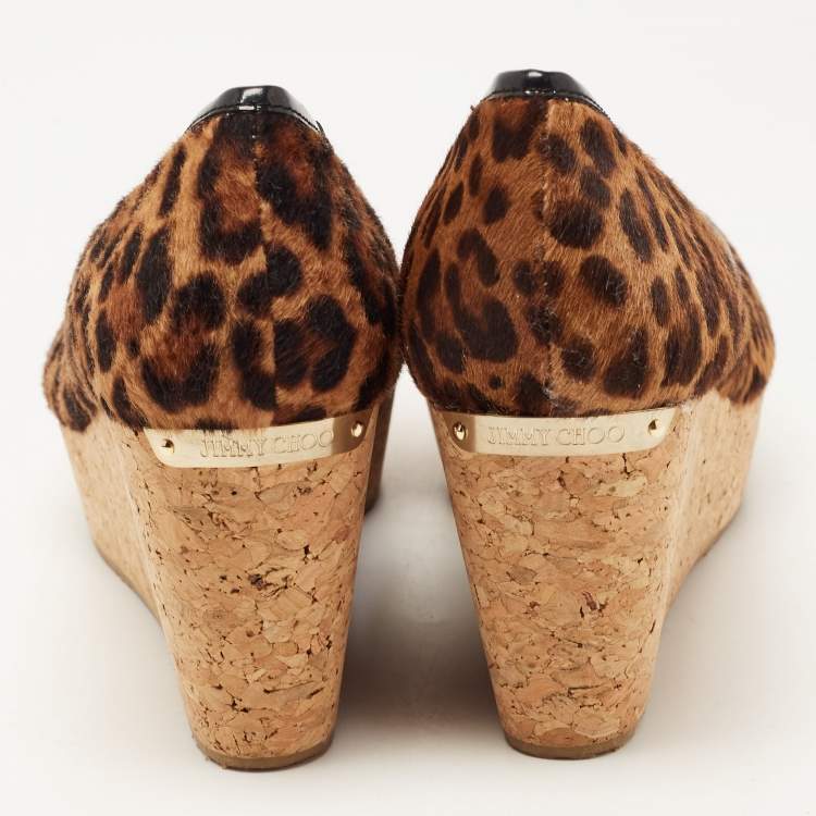 Pre Owned Jimmy Choo Leopard Print Calf Hair And Patent Trim Papina Cork Wedge Pumps Size 38