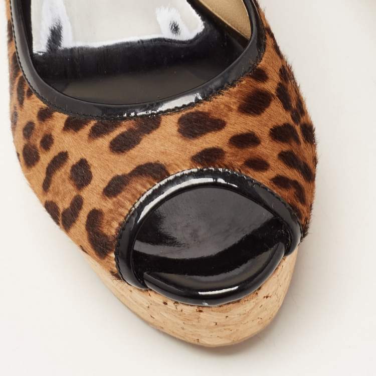 Pre Owned Jimmy Choo Leopard Print Calf Hair And Patent Trim Papina Cork Wedge Pumps Size 38